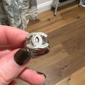 100% Authentic Chanel Silver Metal Logo Ring Size 6